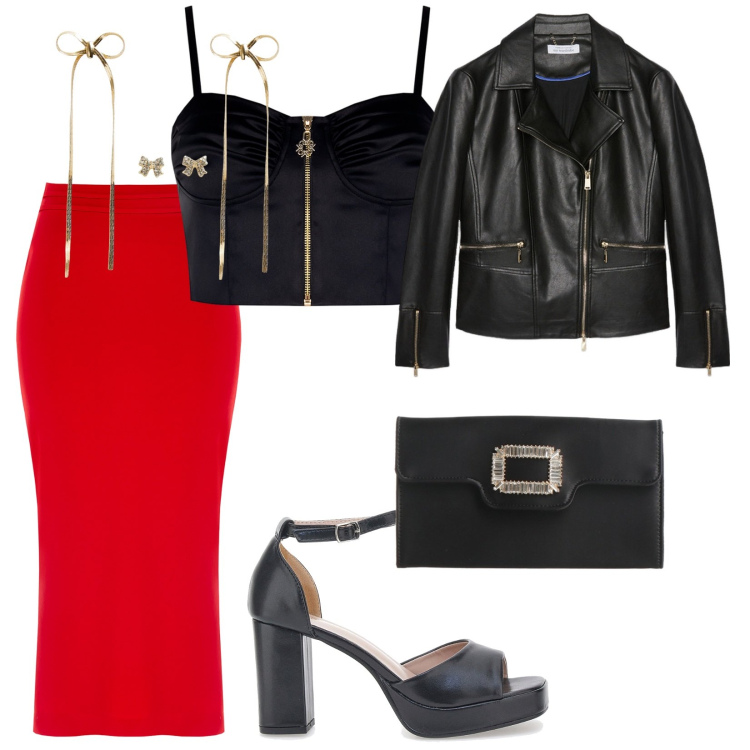Outfit donna - Per tutti gli innamorati. per Serata fuori. Abbinamento con borse a mano, orecchini, gonne longuette, top, décolleté, blazer.