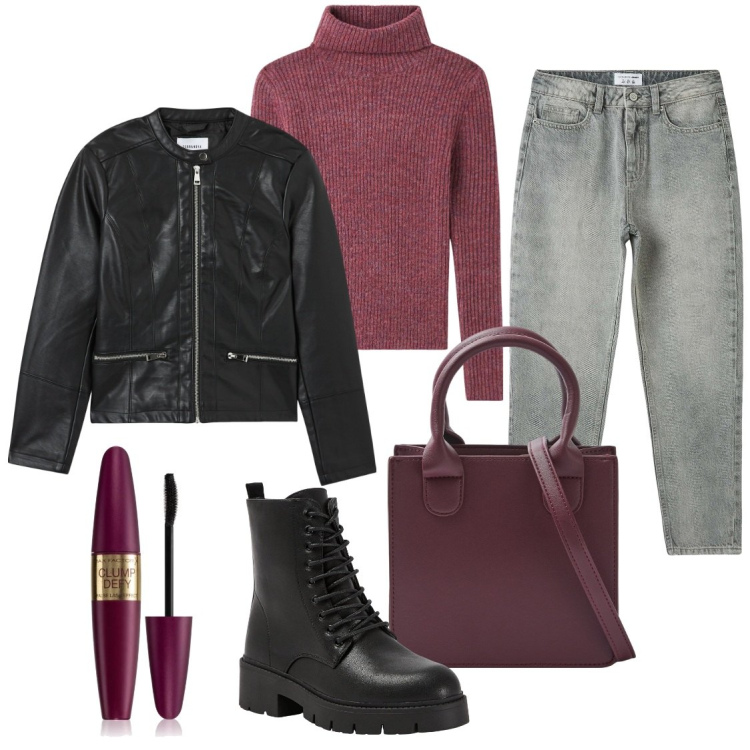 Outfit donna - Look terranova a 70 euro. Stile Casual per Tutti i giorni. Abbinamento con mascara, anfibi, shopping bag, jeans mom, blazer, maglieria.
