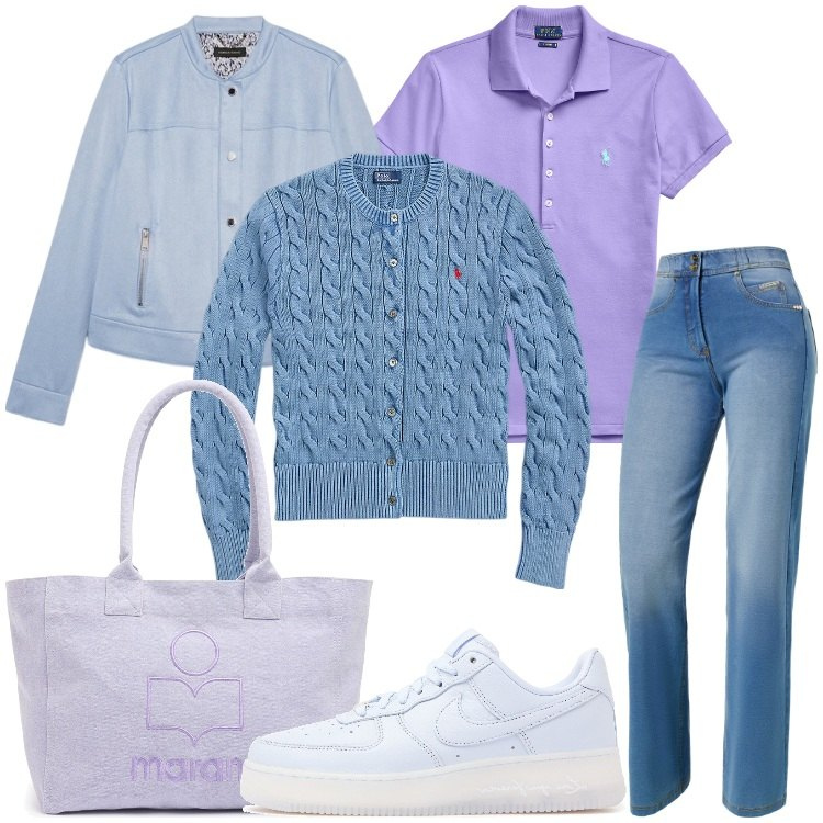 Outfit donna - Spring is coming. Stile Casual per Scuola/Università. Abbinamento con jeans, cardigans, polo, blazer, sneakers, shopping bag.