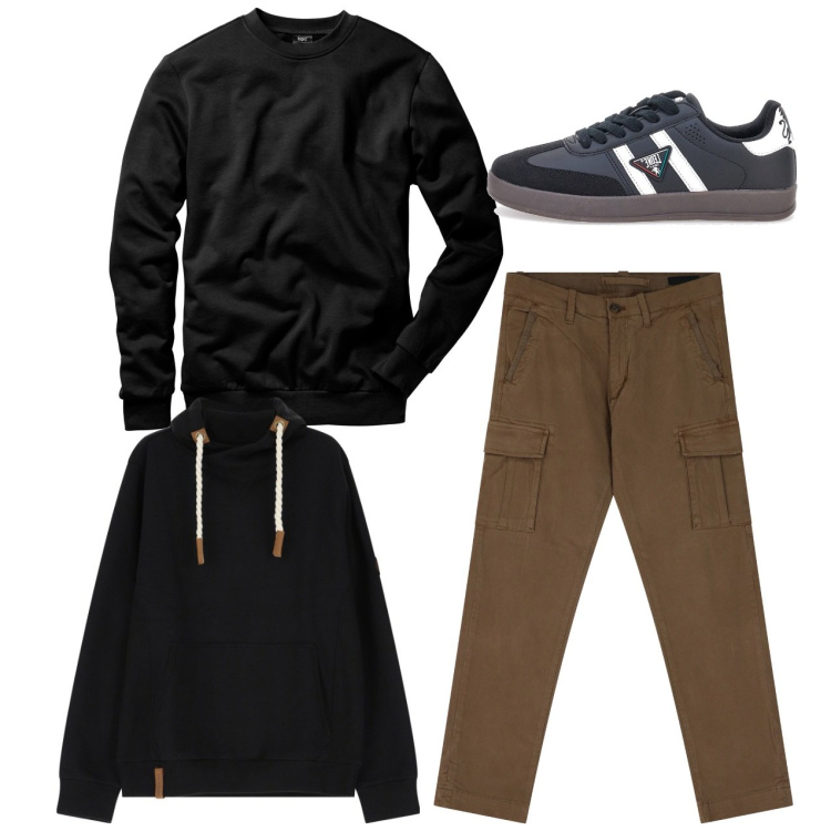 Outfit uomo - Tobaccos and black. Stile Casual per Tutti i giorni. Abbinamento con felpe, pantaloni cargo, felpe con cappuccio, sneakers.