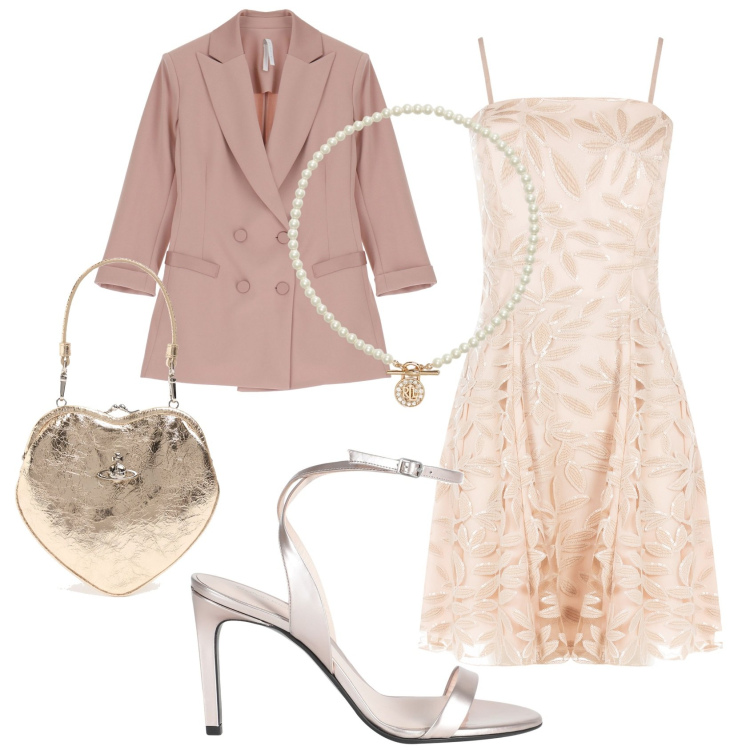 Outfit donna - Febbraio in love. Stile Glamour per Serata fuori. Abbinamento con sandali in pelle, vestiti corti, blazer, ciondoli, pochette.