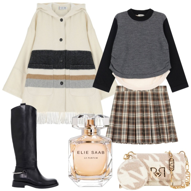 Outfit donna - Colori neutri e tessuti avvolgenti. Stile Urban per Tutti i giorni. Abbinamento con profumi, cappotti, borse a tracolla, minigonne, stivali, pullovers.