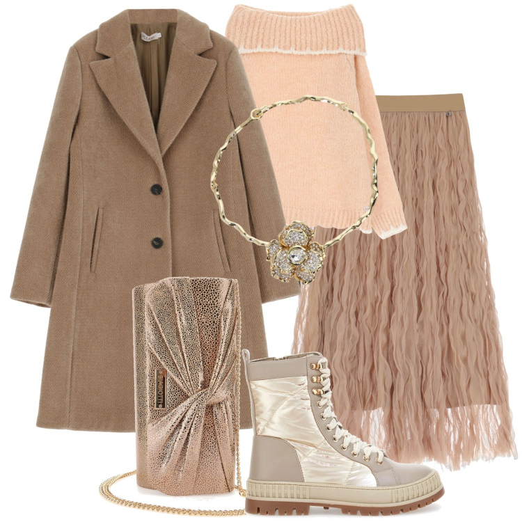 Outfit donna - Febbraio in love. Stile Romantica per Tutti i giorni. Abbinamento con cappotti, maglieria, gonne lunghe, collane, stivaletti, pochette.