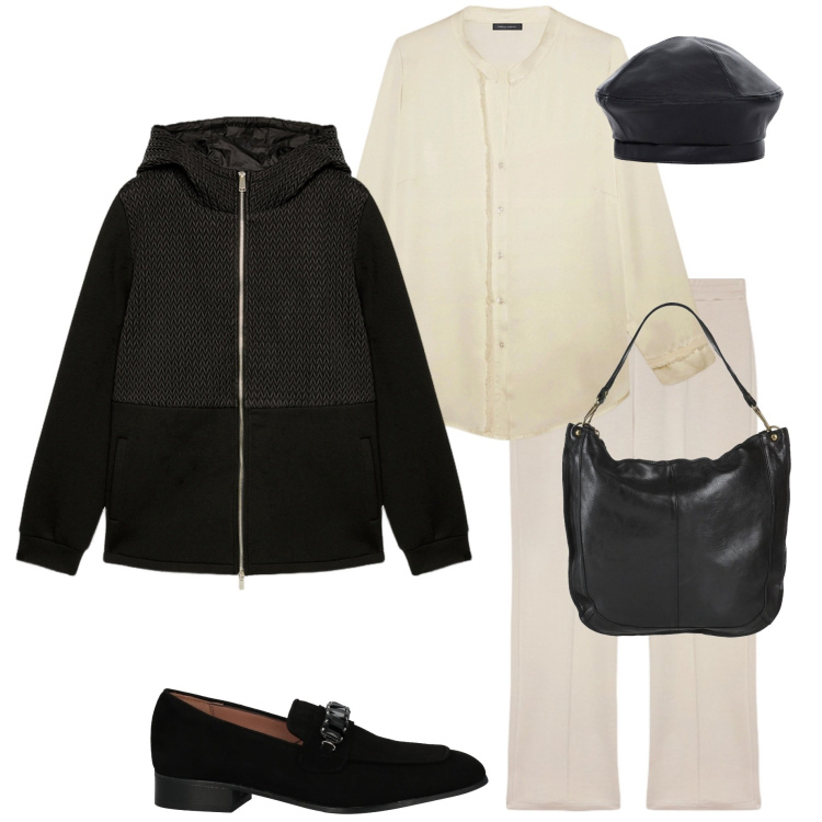 Outfit donna - Shopping con le amiche. Stile Casual chic per Tutti i giorni. Abbinamento con borse a spalla, mocassini, cappelli e berretti, pantaloni, blazer, camicie.