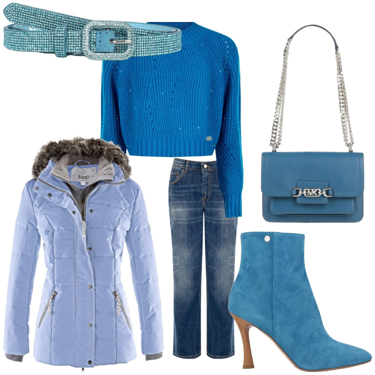 Outfit donna - Total look #2057373. Stile Casual chic per Tutti i giorni. Abbinamento con piumini, borse a spalla, stivaletti, cinture, maglieria, jeans.