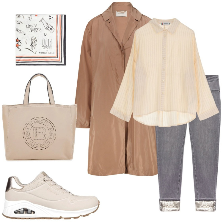 Outfit donna - Forse piove ..... Stile Casual per Tutti i giorni. Abbinamento con camicie, trench, jeans skinny, sneakers, foulard, borse a tracolla.