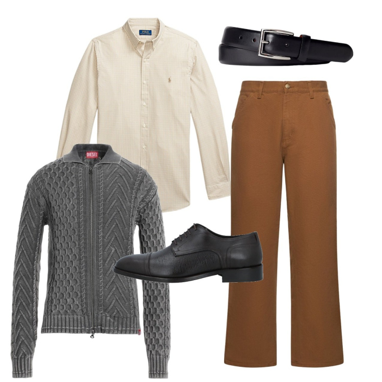 Outfit uomo - Il cardigan all\'inglese. Stile Casual per Tutti i giorni. Abbinamento con scarpe stringate, cardigans, cinture, camicie, jeans.