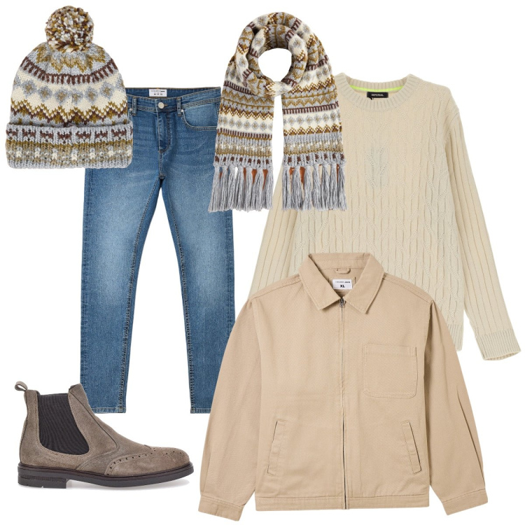 Outfit uomo - Gli accessori in lana jaquard. Stile Casual per Tutti i giorni. Abbinamento con giacche, jeans skinny, maglieria, berretti, sciarpe, stivali e stivaletti.
