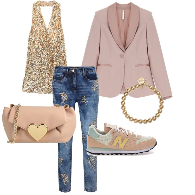 Outfit donna - Alla comunione: la zia fashion. Stile Casual chic per Cerimonia. Abbinamento con jeans, borse a tracolla, blazer, top, braccialetti, sneakers.
