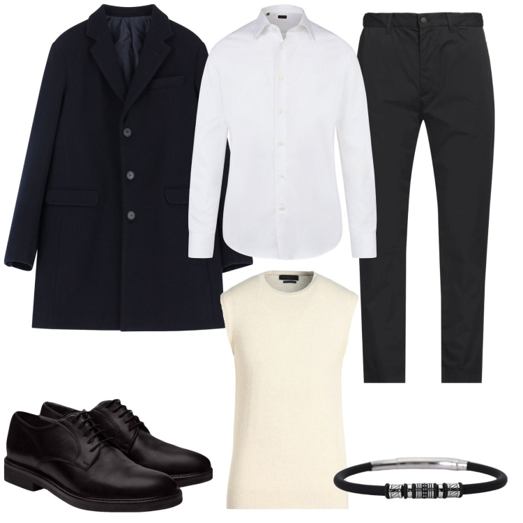 Outfit uomo - Cena di San Valentino. Stile Business/Elegante per Serata speciale. Abbinamento con pullovers, pantaloni, braccialetti, cappotti, scarpe stringate, camicie.