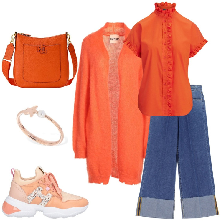 Outfit donna - Orange. Stile Casual per Tutti i giorni. Abbinamento con cardigans, sneakers, jeans, borse a tracolla, camicie a manica corta, anelli.