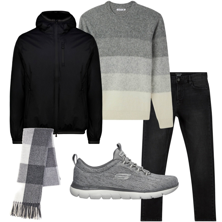 Outfit uomo - In città. Stile Urban per Tutti i giorni. Abbinamento con jeans skinny, maglieria, sciarpe, giacche, sneakers.