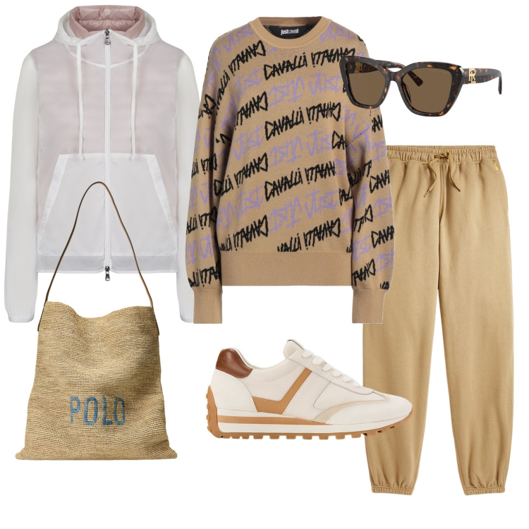 Outfit donna - stile athleisure. Stile Sporty chic per Tutti i giorni. Abbinamento con pullovers, sneakers, occhiali da sole, pantaloni sportivi, borse tote, blazer.