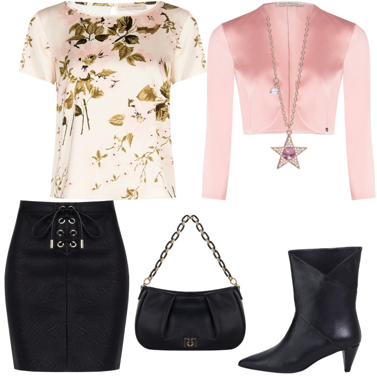 Outfit donna - Star pink. Stile Romantica per Serata fuori. Abbinamento con stivaletti, collane, bluse, minigonne, bolero, borse a tracolla.