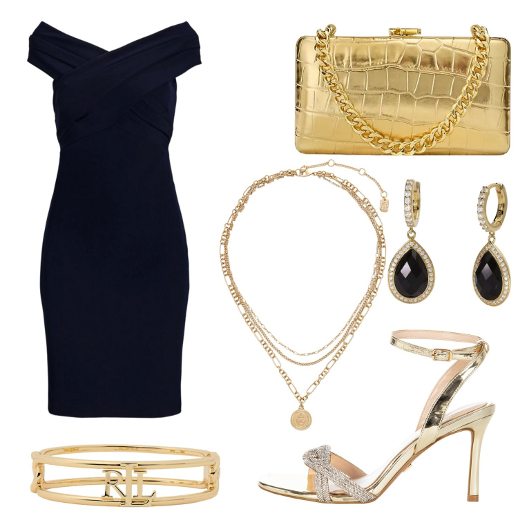 Outfit donna - Total look #2057406. Stile Chic per Serata fuori. Abbinamento con orecchini, sandali col tacco, ciondoli, vestiti, clutch, braccialetti.