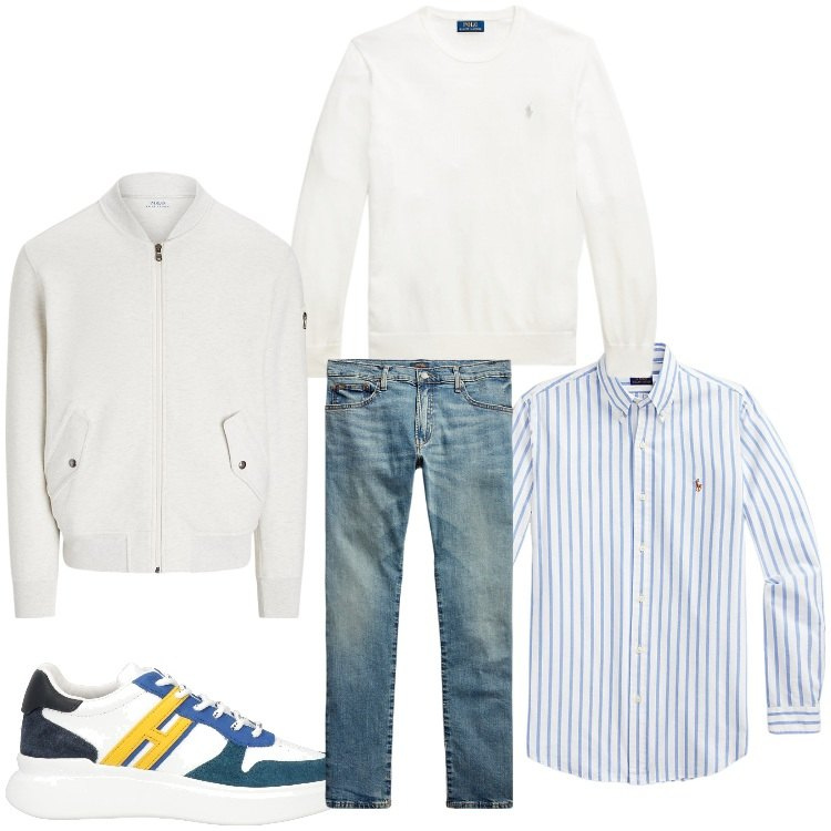 Outfit uomo - Colori chiari. Stile Casual per Tutti i giorni. Abbinamento con sneakers, jeans, bomber, camicie, maglieria.