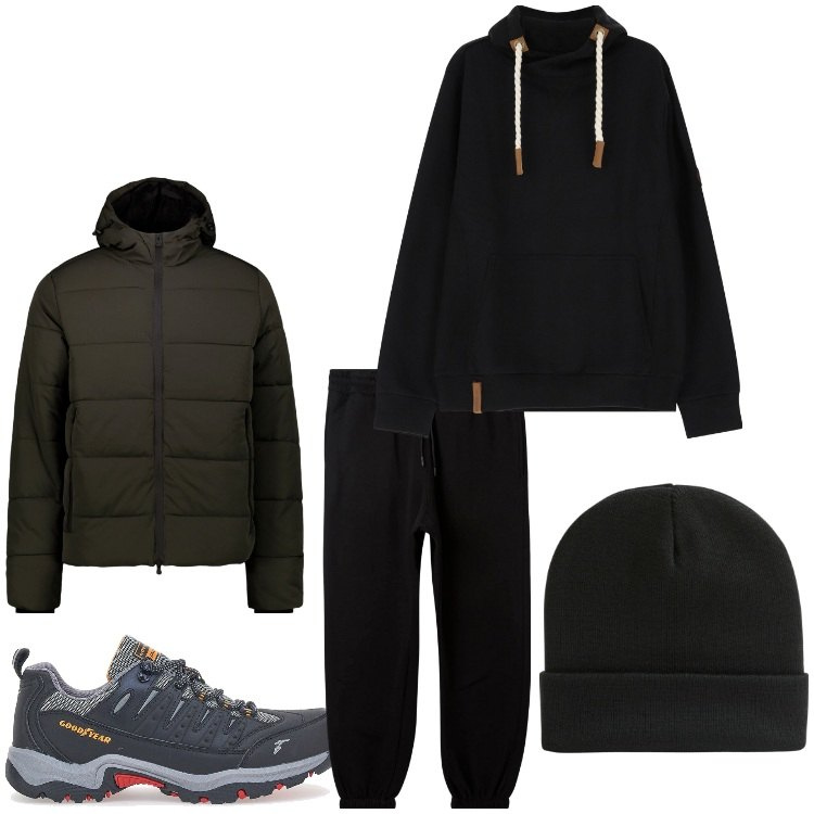 Outfit uomo - Trekking in inverno. Stile Casual per Sport. Abbinamento con berretti, pantaloni sportivi, felpe con cappuccio, scarpe sportive, piumini.