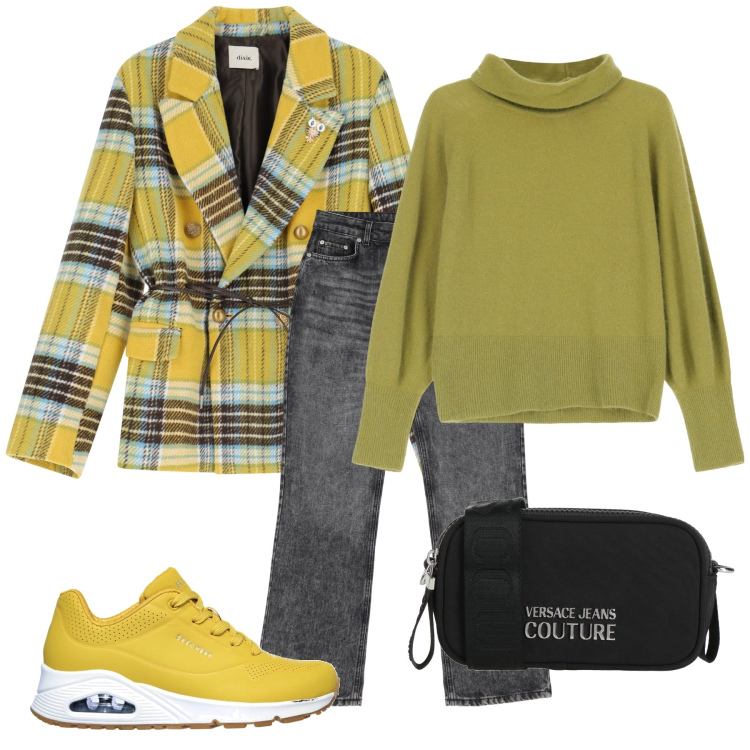 Outfit donna - Total look #2057413. Stile Trendy per Tutti i giorni. Abbinamento con borse a tracolla, jeans, maglieria, blazer, sneakers.