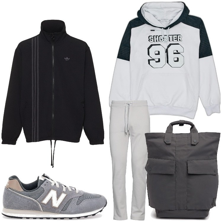 Outfit uomo - Sempre in movimento. Stile Casual per Sport. Abbinamento con pantaloni, sneakers, felpe con cappuccio, borse sportive, giacche sportive.