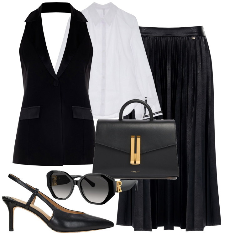 Outfit donna - City. Stile Glamour per Tutti i giorni. Abbinamento con gonne longuette, gilet, camicie, occhiali da sole, décolleté, borse a mano.