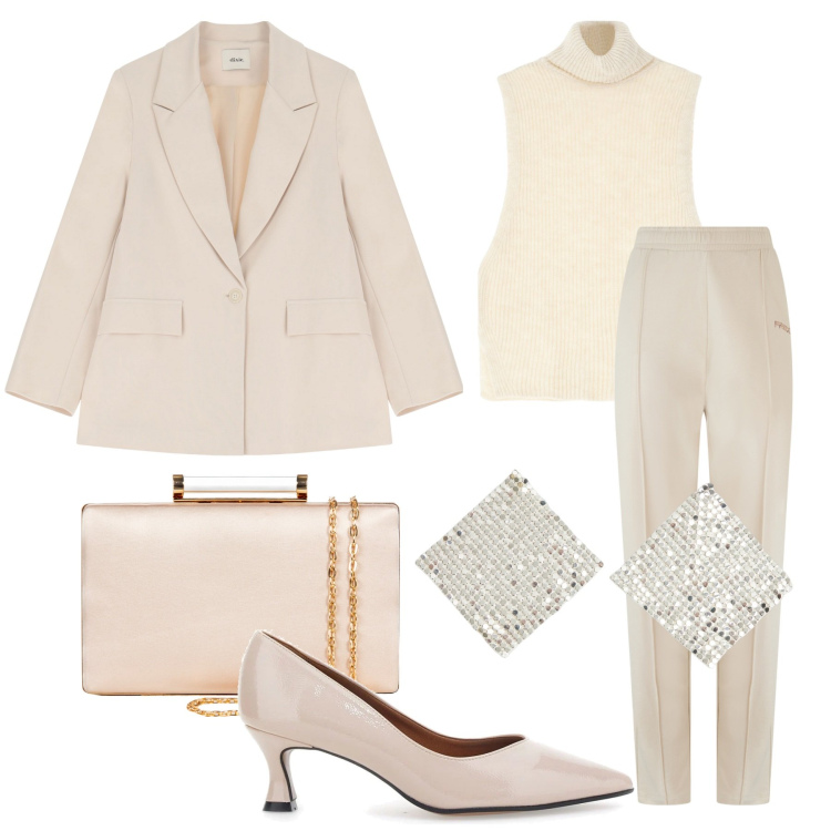 Outfit donna - Madreperla. Stile Chic per Ufficio. Abbinamento con orecchini, maglieria, clutch, pantaloni, blazer, décolleté.