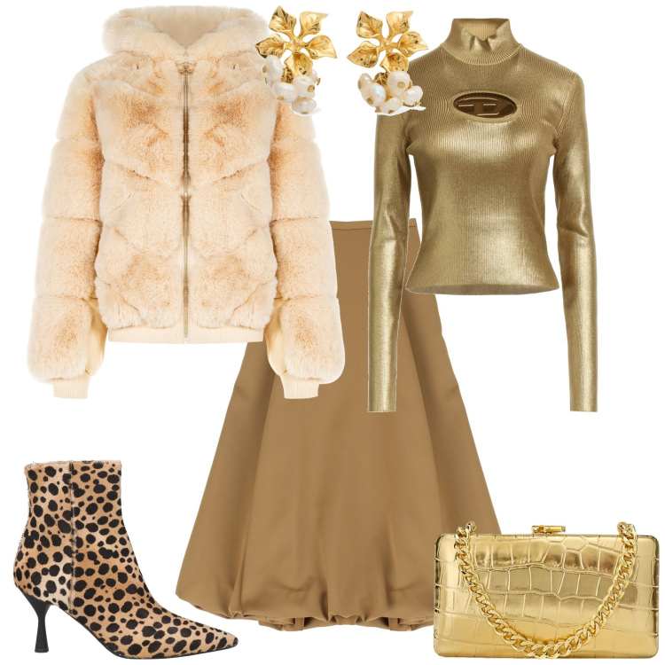 Outfit donna - Serata evento glamour. Stile Glamour per Serata fuori. Abbinamento con stivaletti, maglieria, blazer, gonne longuette, clutch, orecchini.
