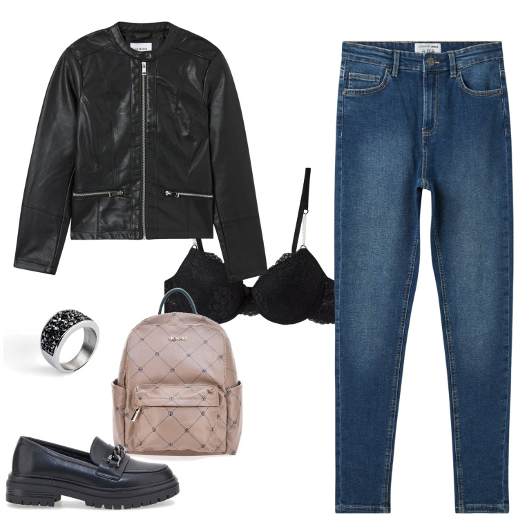 Outfit donna - Una giornata in città. Stile Casual per Scuola/Università. Abbinamento con anelli, blazer, jeans skinny, reggiseni a balconcino, mocassini, zaini.
