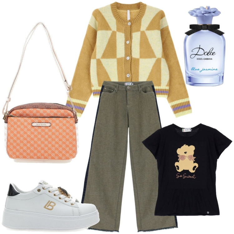 Outfit donna - Pomeriggio libero. Stile Urban per Tutti i giorni. Abbinamento con profumi, t-shirt, jeans a zampa, cardigans, sneakers, borse a tracolla.