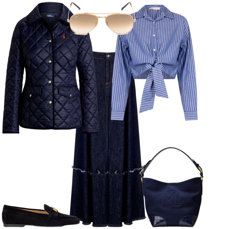 Outfit donna - Primavera 2025. Stile Sporty chic per Tutti i giorni. Abbinamento con camicie, gonne, mocassini, borse a secchiello, giacche, occhiali da sole.