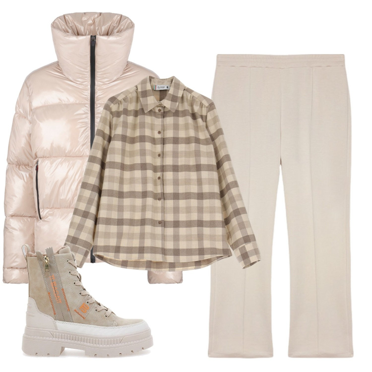 Outfit donna - Beige combo. Stile Casual per Tutti i giorni. Abbinamento con camicie, blazer, anfibi, pantaloni.