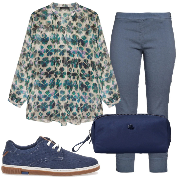 Outfit donna - Fantasia di blu. Stile Casual per Ufficio. Abbinamento con pantaloni skinny, pochette, bluse, scarpe stringate.