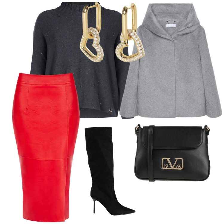 Outfit donna - Usciamo stasera. per Serata fuori. Abbinamento con stivali, borse a tracolla, orecchini, gonne longuette, maglieria, cappe.