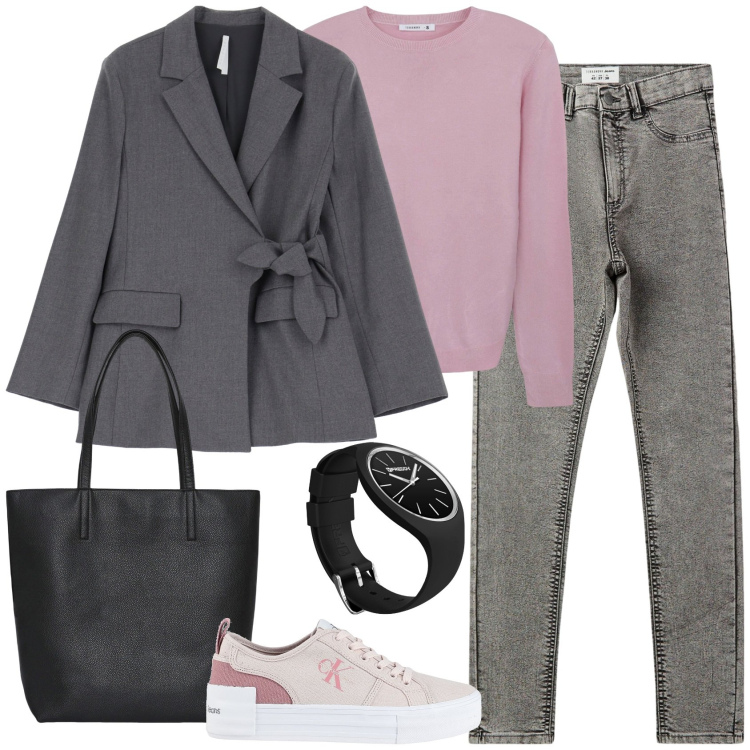 Outfit donna - Stile Athleisure grigio e rosa. Stile Casual per Tutti i giorni. Abbinamento con sneakers, jeggings, borse tote, maglieria, blazer, orologi.