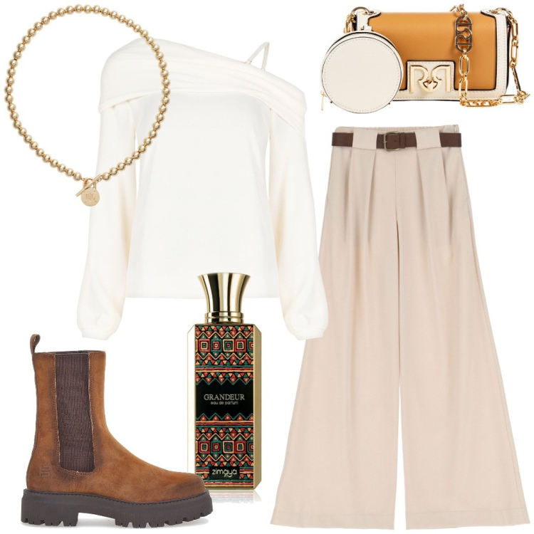 Outfit donna - Capi morbidi e chic. Stile Chic per Serata fuori. Abbinamento con profumi, bluse, pochette, collane, pantaloni a palazzo, stivaletti chelsea.