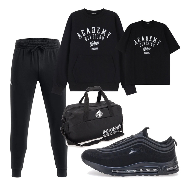 Outfit uomo - Sportivo. Stile Casual per Sport. Abbinamento con felpe, t-shirt, borse sportive, sneakers, pantaloni.
