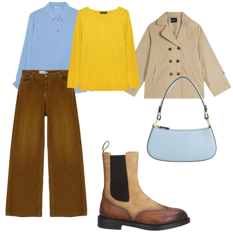 Outfit donna - I colori della primavera. per Tutti i giorni. Abbinamento con stivaletti chelsea, borse a mano, pantaloni, trench, camicie, maglieria.