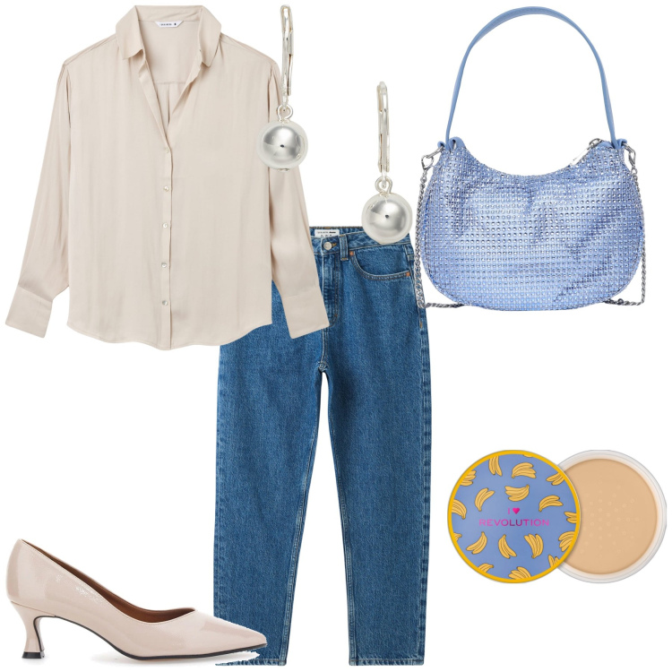 Outfit donna - Bon genre bon chic. Stile Bon Ton per Tutti i giorni. Abbinamento con ciprie, jeans mom, camicie, borse a spalla, orecchini, décolleté.