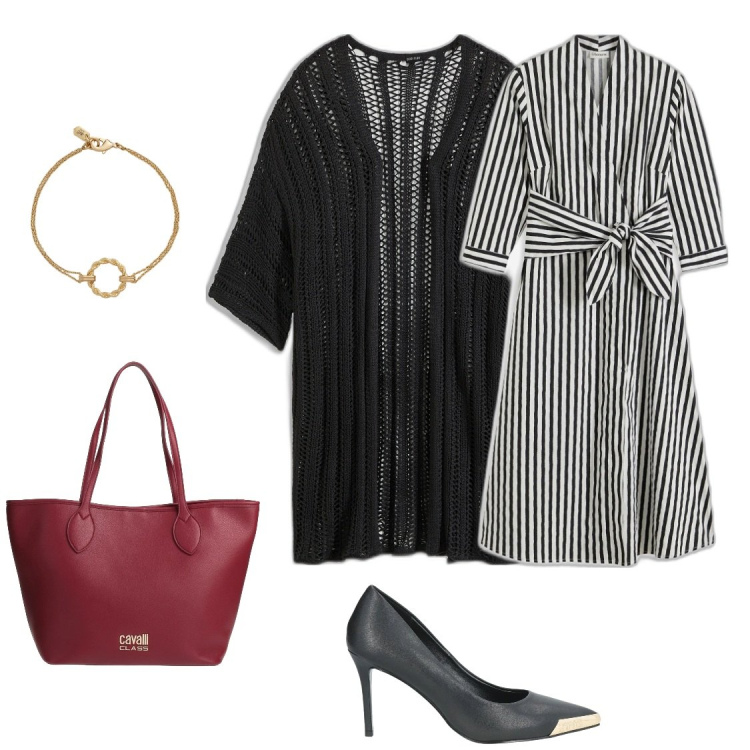 Outfit donna - Righe e reti. Stile Bon Ton per Tutti i giorni. Abbinamento con cardigans, vestiti midi/longuette, décolleté, borse a spalla, braccialetti.