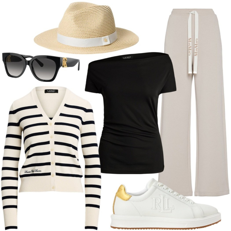 Outfit donna - Passeggiata sul lungomare. Stile Casual chic per Tutti i giorni. Abbinamento con occhiali da sole, maglieria, cardigans, sneakers, cappelli, pantaloni.