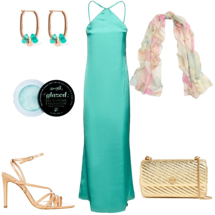 Outfit donna - Smeraldo e oro. Stile Chic per Cerimonia. Abbinamento con ombretti, sandali col tacco, sciarpe, orecchini, vestiti, borse a spalla.
