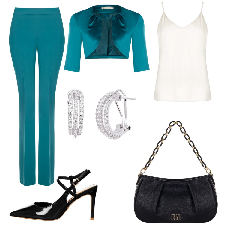 Outfit donna - Rinascimento nuova collezione. Stile Chic per Cerimonia. Abbinamento con orecchini, pantaloni, top, bolero, décolleté, borse a tracolla.