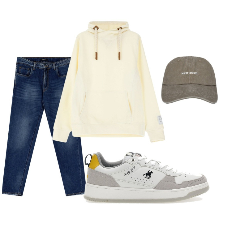 Outfit uomo - Total look #2057489. Stile Casual per Tutti i giorni. Abbinamento con cappelli, jeans slim fit, felpe con cappuccio, sneakers.