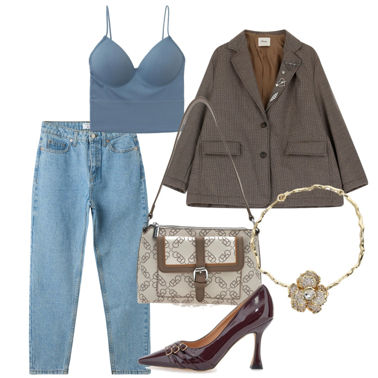 Outfit donna - Febbraio degli innamorati. Stile Casual chic per Tutti i giorni. Abbinamento con jeans mom, top, blazer, collane, décolleté, borse a spalla.
