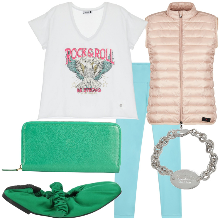 Outfit donna - Total look. Stile Casual per Tutti i giorni. Abbinamento con braccialetti, ballerine, portafogli, t-shirt, treggings, piumini.