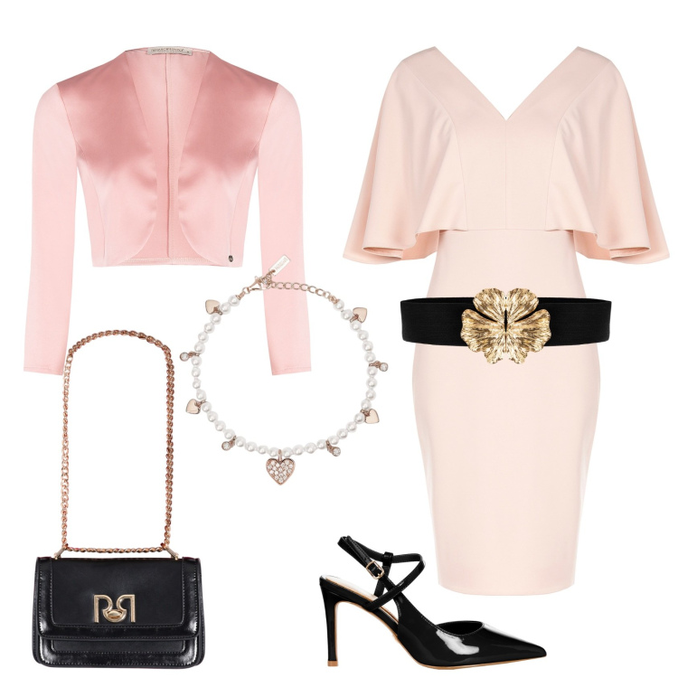 Outfit donna - Cerimonia in Rosa e nero. Stile Chic per Cerimonia. Abbinamento con vestiti a tubino, décolleté, cinture, bolero, borse a tracolla, braccialetti.
