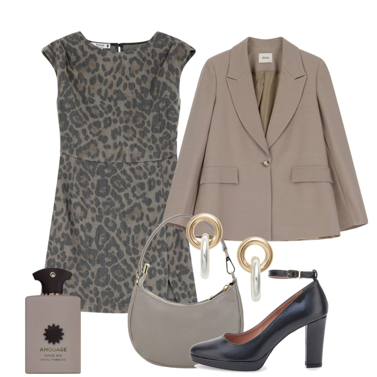 Outfit donna - San Valentino animalier. Stile Chic per Serata fuori. Abbinamento con profumi, vestiti corti, borse a spalla, blazer, orecchini, décolleté.