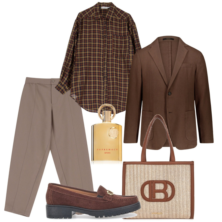 Outfit donna - Mocha mousse mannish. Stile Mannish per Tutti i giorni. Abbinamento con profumi, camicie, pantaloni, borse a spalla, mocassini, blazer.