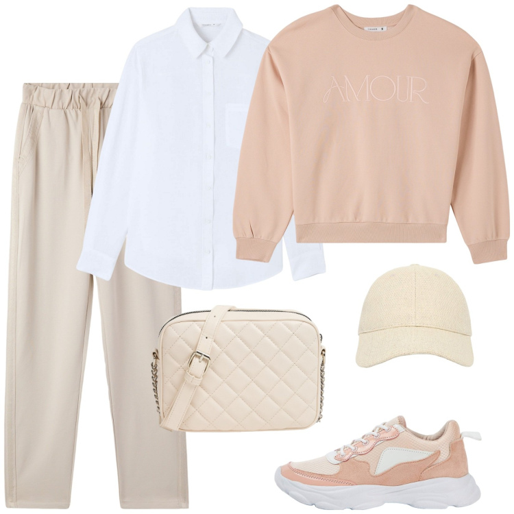 Outfit donna - Amour nella felpa. Stile Sporty chic per Tutti i giorni. Abbinamento con cappelli con visiera, pantaloni skinny, sneakers, felpe, camicie, borse a tracolla.