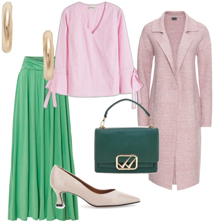 Outfit donna - Colori pastello. per Ufficio. Abbinamento con cappotti, gonne lunghe, tuniche, orecchini, décolleté, borse a tracolla.