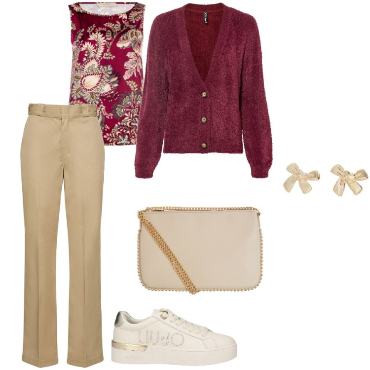 Outfit donna - Con amici. Stile Casual chic per Tutti i giorni. Abbinamento con cardigans, sneakers, borse a tracolla, top, orecchini, pantaloni.